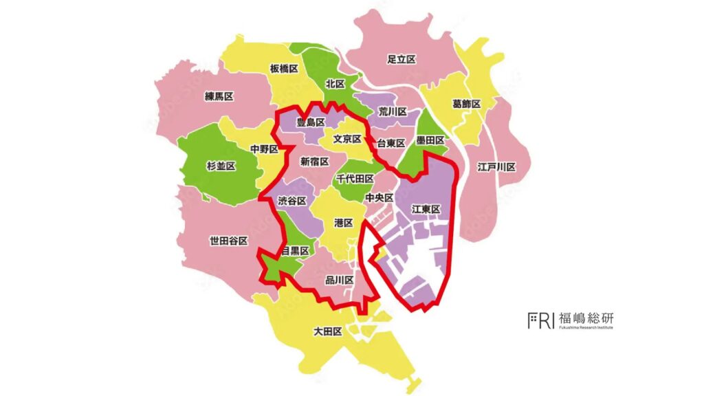 東京23区エリア別価格高騰率と世帯増加率の色域差マッピング