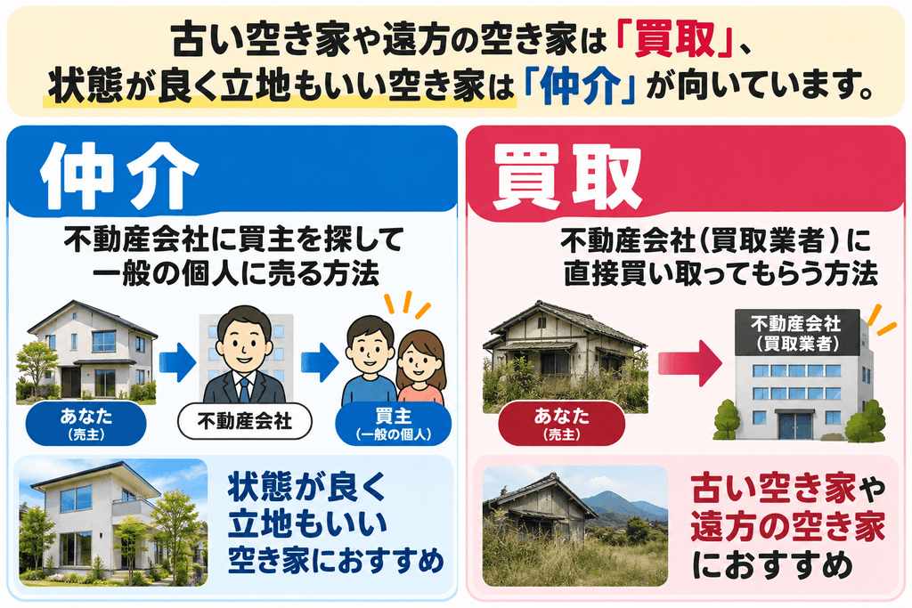空き家は仲介と買取のどちらで売るべきかの図解
